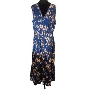 Elegant Blue and Cream Sleeveless Floral Maxi Dress With Pockets, XXL